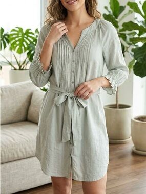 Trinity Luxury Silk Blend Pintuck Tunic Dress Sage Grey Boho Cottagecore Light